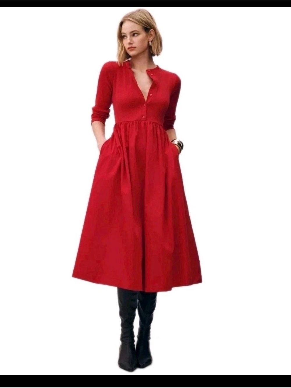 Maeve Long Sleeve Twofer
Cardigan Red MidiDress
Pullover Button Front Medium